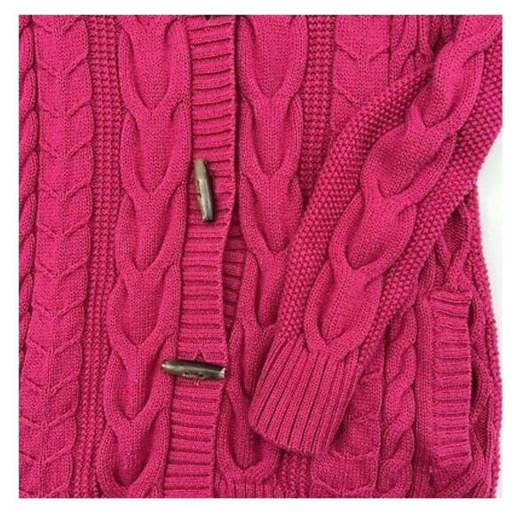 L.L. Bean high neck Cardigan Cable Knit Toggle Buttons Fucshia size small - Picture 6 of 12
